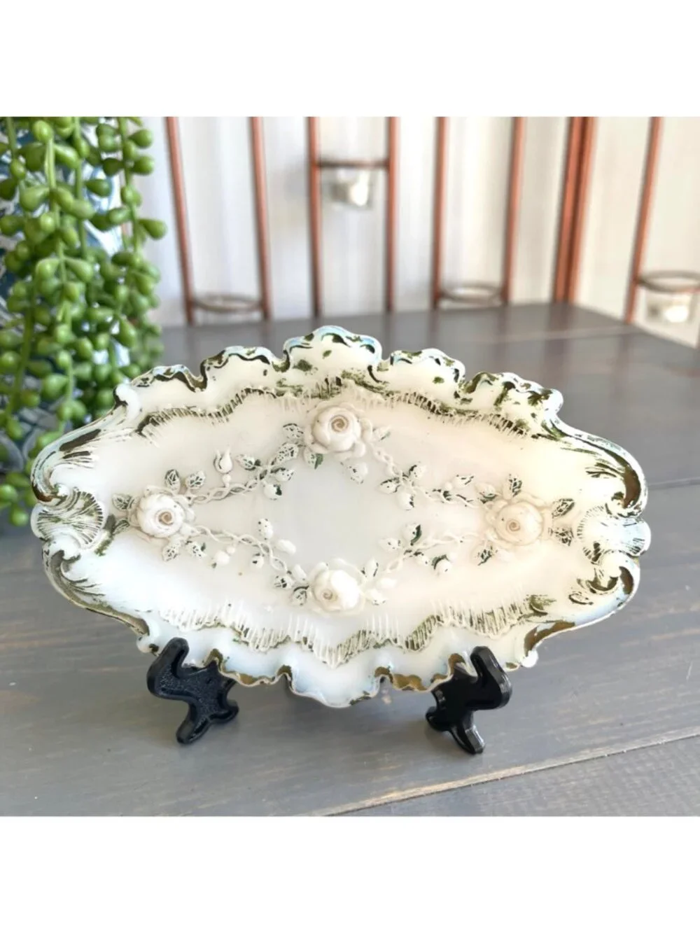 Antique Late 1800s Victorian Vanity Tray White Opaque Milk Glass Scalloped Edges